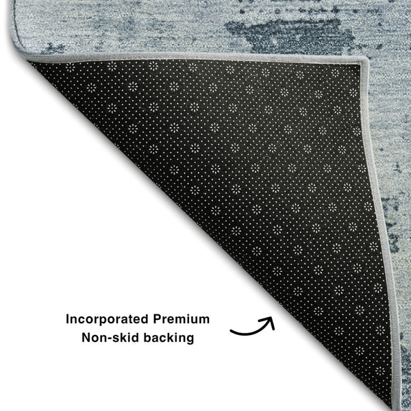 HomeRoots 8' Denim Blue and Ivory Abstract Washable Round Rug with UV Protection - Stain-Resistant Beauty! 683180