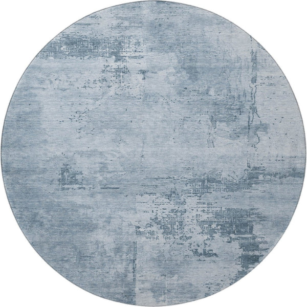 HomeRoots 8' Denim Blue and Ivory Abstract Washable Round Rug with UV Protection - Stain-Resistant Beauty! 683180