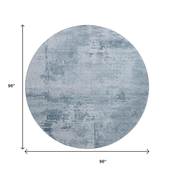 HomeRoots 8' Denim Blue and Ivory Abstract Washable Round Rug with UV Protection - Stain-Resistant Beauty! 683180