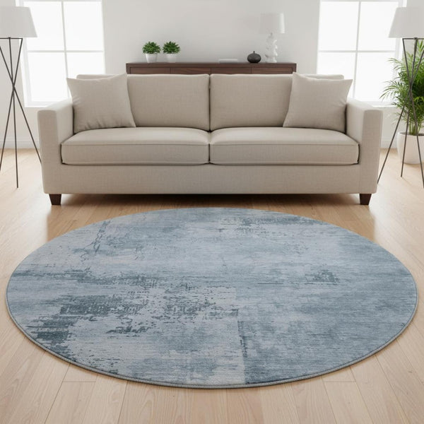 HomeRoots 8' Denim Blue and Ivory Abstract Washable Round Rug with UV Protection - Stain-Resistant Beauty! 683180