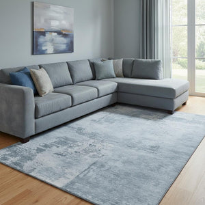 HomeRoots 8' X 10' Denim Blue & Ivory Abstract Area Rug - Durable, Washable, UV Protected for Stylish Living Spaces 683181