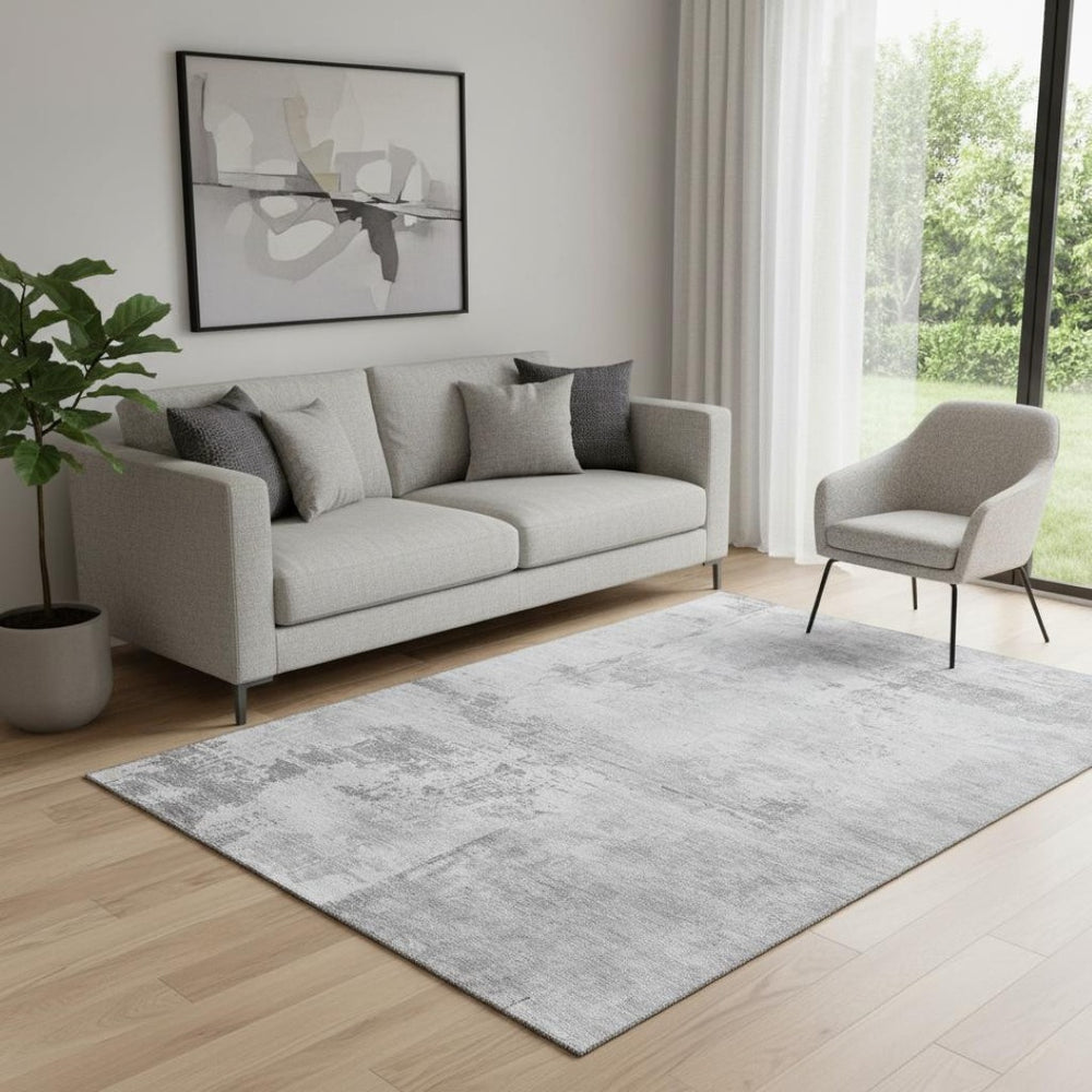 HomeRoots 5' X 8' Gray And Silver Abstract Area Rug - Washable, UV Protected, Durable Design for Modern Spaces 683191