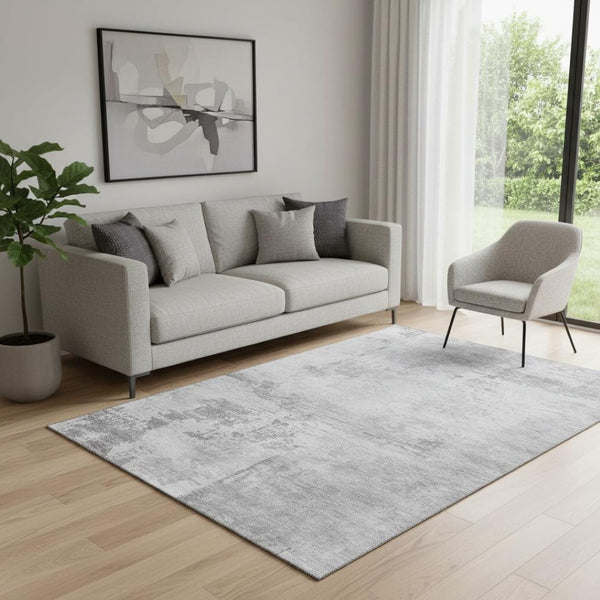 HomeRoots 5' X 8' Gray And Silver Abstract Area Rug - Washable, UV Protected, Durable Design for Modern Spaces 683191