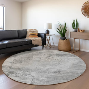 HomeRoots 8' Gray and Silver Abstract Round Rug - Washable, Stain-Resistant, UV Protected for Modern Homes 683192