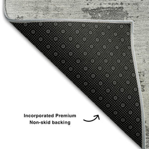 HomeRoots 8' Gray and Silver Abstract Round Rug - Washable, Stain-Resistant, UV Protected for Modern Homes 683192