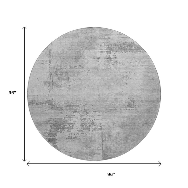 HomeRoots 8' Gray and Silver Abstract Round Rug - Washable, Stain-Resistant, UV Protected for Modern Homes 683192