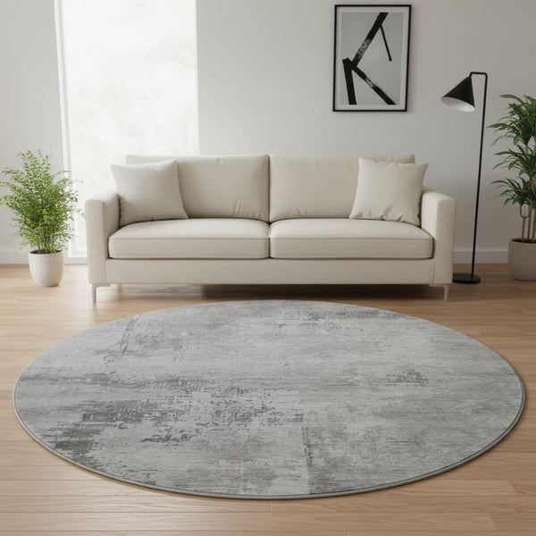 HomeRoots 8' Gray and Silver Abstract Round Rug - Washable, Stain-Resistant, UV Protected for Modern Homes 683192