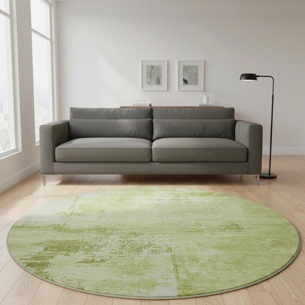 HomeRoots 8' Vibrant Lime & Olive Green Abstract Washable Round Rug with UV Protection for Modern Spaces 683198
