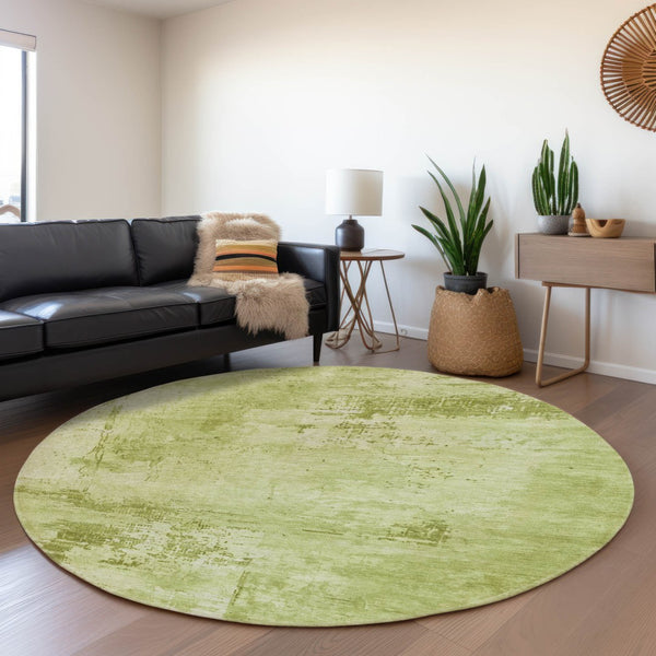 HomeRoots 8' Vibrant Lime & Olive Green Abstract Washable Round Rug with UV Protection for Modern Spaces 683198