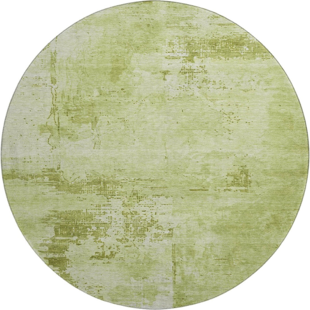HomeRoots 8' Vibrant Lime & Olive Green Abstract Washable Round Rug with UV Protection for Modern Spaces 683198