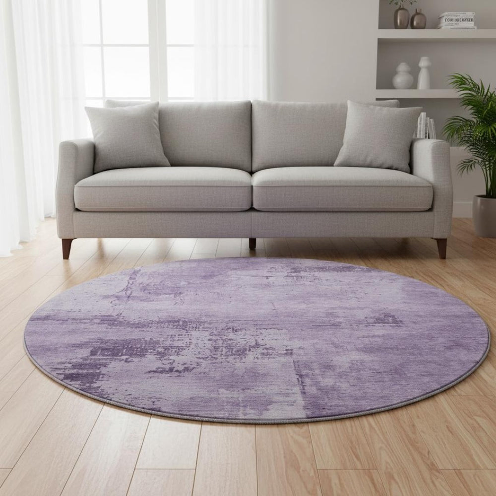 HomeRoots 8' Lavender and Lilac Abstract Round Washable Rug with UV Protection for Stylish Home Décor 683204
