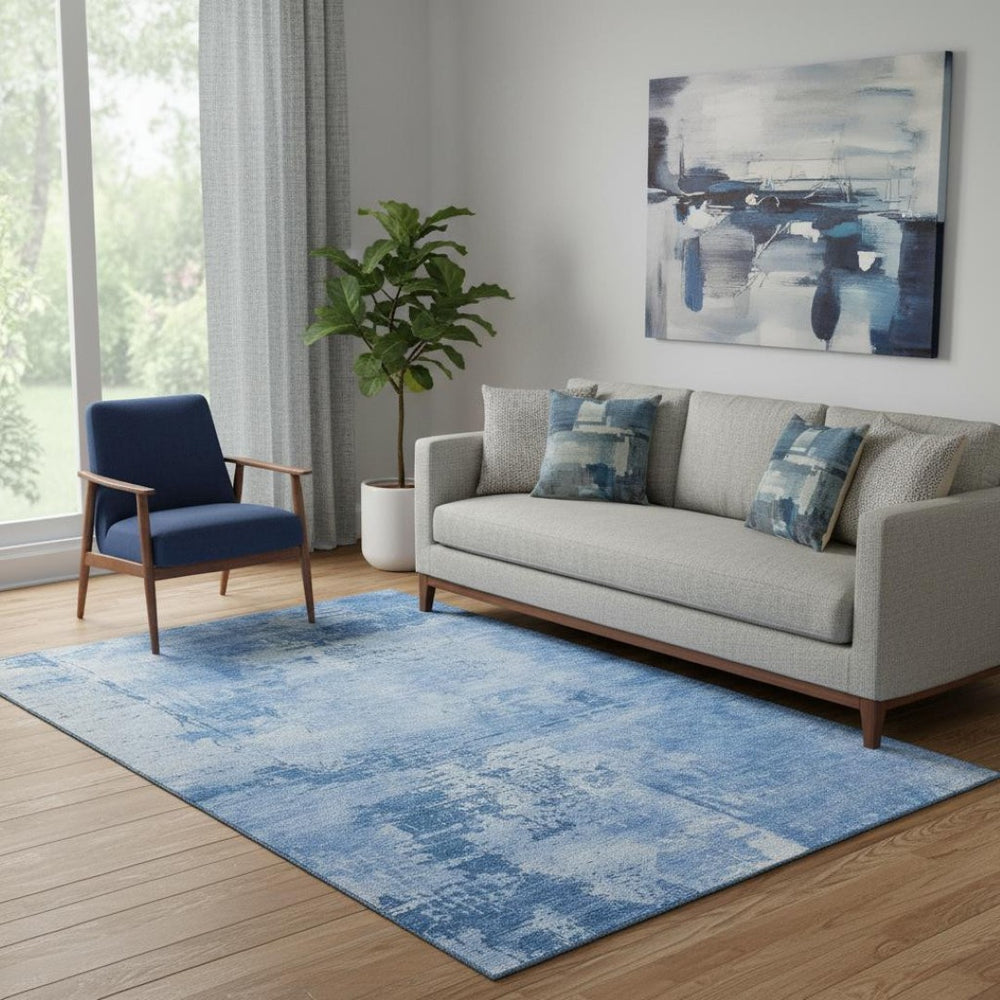 HomeRoots 5' X 8' Navy Blue & Sky Blue Abstract Area Rug - Washable, UV Protected, Perfect for High-Traffic Areas 683209