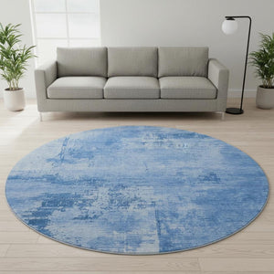 HomeRoots 8' Navy Blue and Sky Blue Abstract Washable Round Rug - Stylish, Durable, UV-Protected for Homes 683210