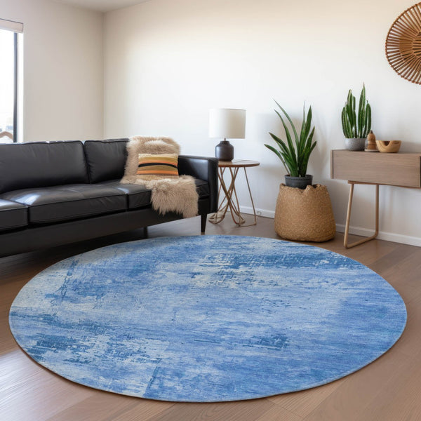 HomeRoots 8' Navy Blue and Sky Blue Abstract Washable Round Rug - Stylish, Durable, UV-Protected for Homes 683210