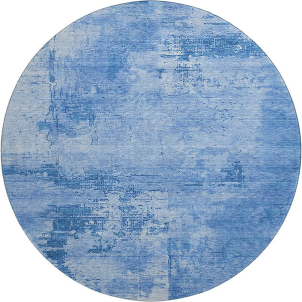 HomeRoots 8' Navy Blue and Sky Blue Abstract Washable Round Rug - Stylish, Durable, UV-Protected for Homes 683210