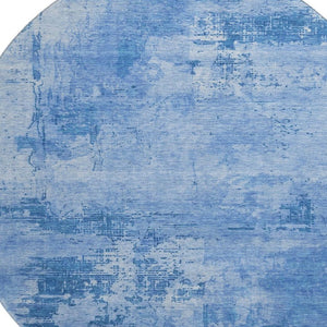 HomeRoots 8' Navy Blue and Sky Blue Abstract Washable Round Rug - Stylish, Durable, UV-Protected for Homes 683210