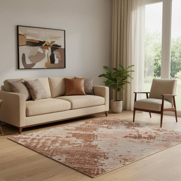 HomeRoots 5' X 8' Modern Rust and Coral Abstract Area Rug – Washable, UV Protected, Stain Resistant, Durable Design 683221
