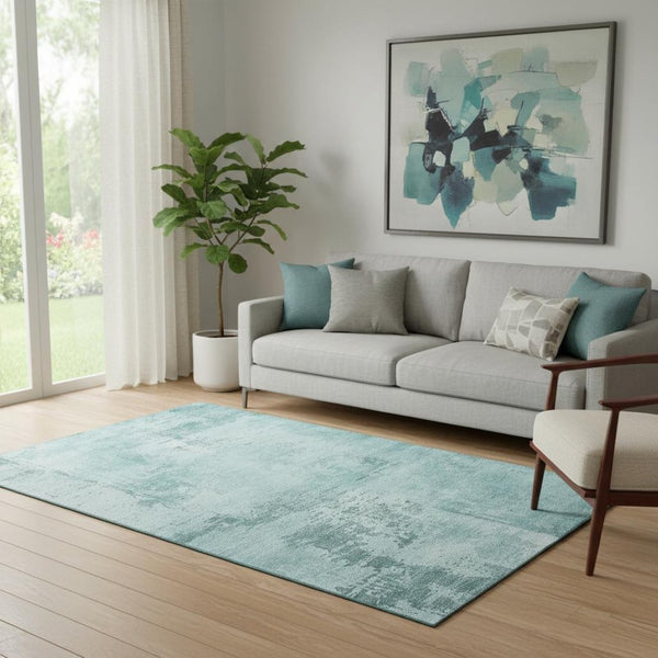HomeRoots 5' X 8' Aqua and Sky Blue Abstract Washable Area Rug - Durable, UV Protected, Family-Friendly Design! 683227