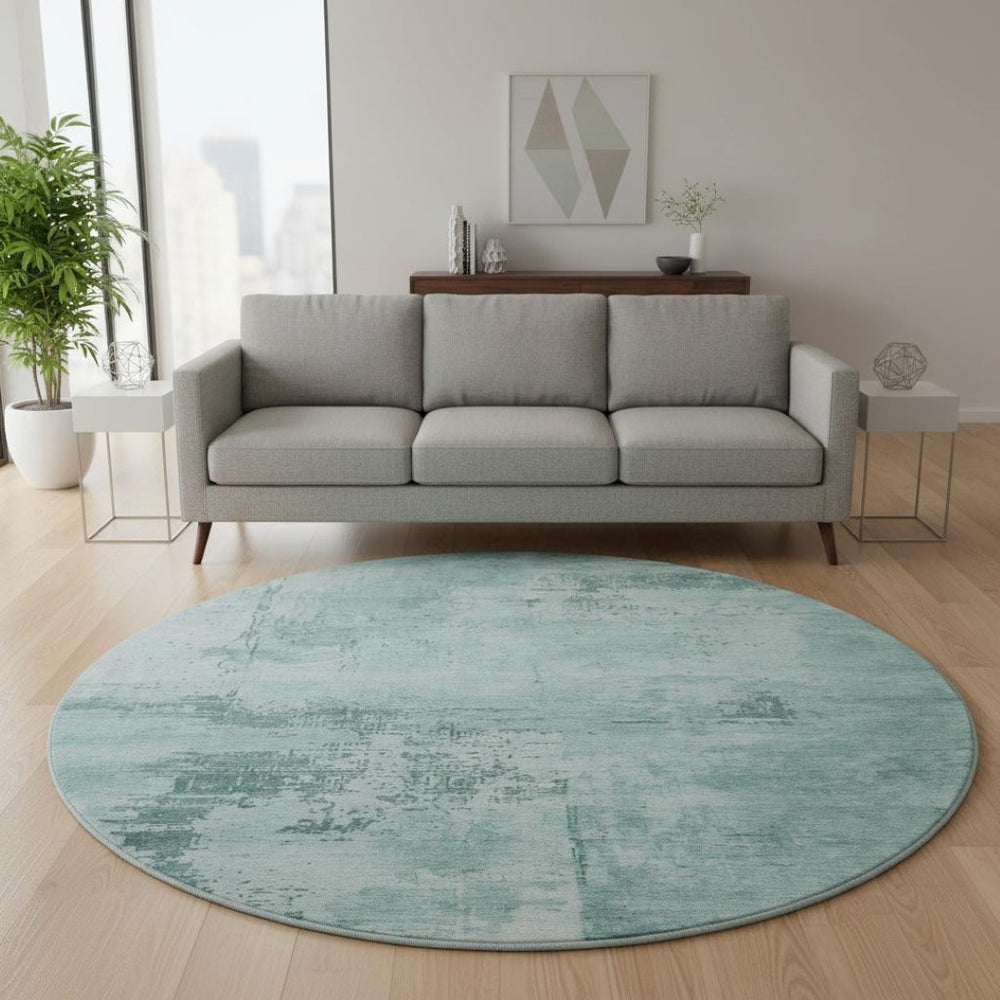 HomeRoots 8' Coastal-Inspired Aqua & Sky Blue Abstract Round Rug - Durable, Washable, UV-Protected Beauty 683228
