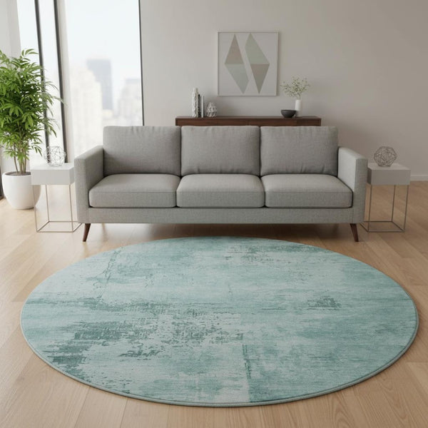 HomeRoots 8' Coastal-Inspired Aqua & Sky Blue Abstract Round Rug - Durable, Washable, UV-Protected Beauty 683228