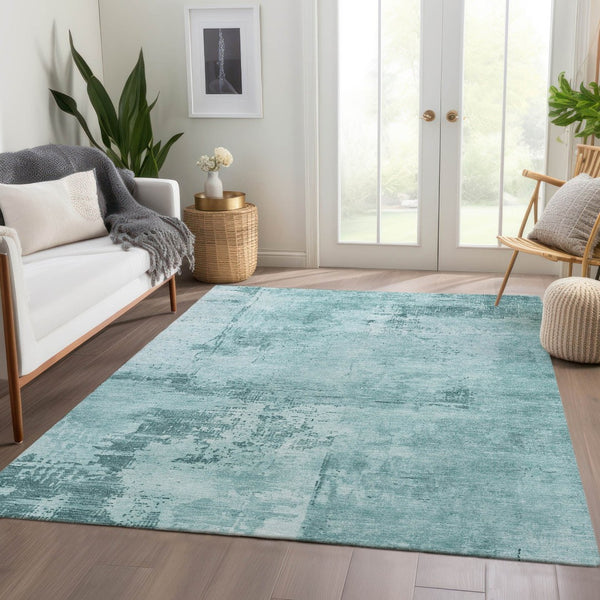 HomeRoots 9' X 12' Aqua & Sky Blue Abstract Area Rug - Washable, UV Protected, Stain Resistant for Busy Homes 683230