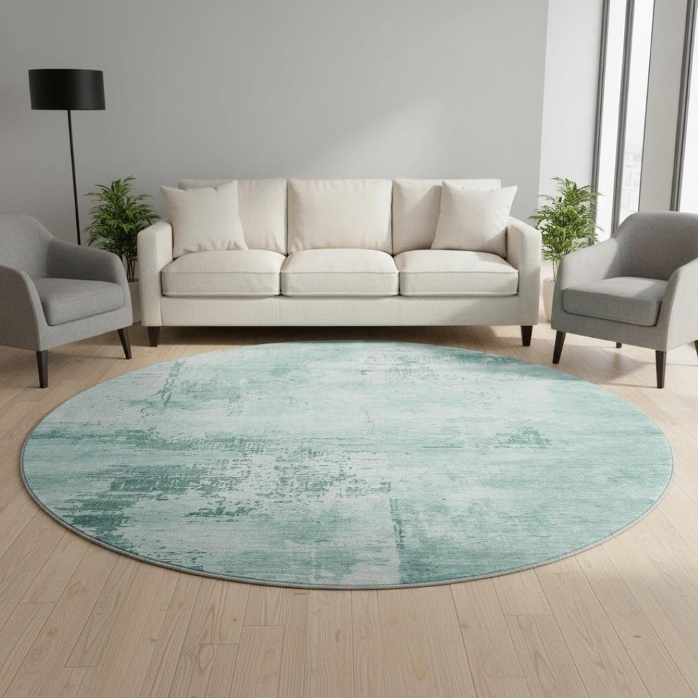HomeRoots 8' Vibrant Teal and Aqua Abstract Washable Round Rug – Durable Design with UV Protection & Style! 683234