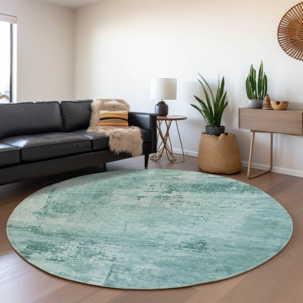 HomeRoots 8' Vibrant Teal and Aqua Abstract Washable Round Rug – Durable Design with UV Protection & Style! 683234
