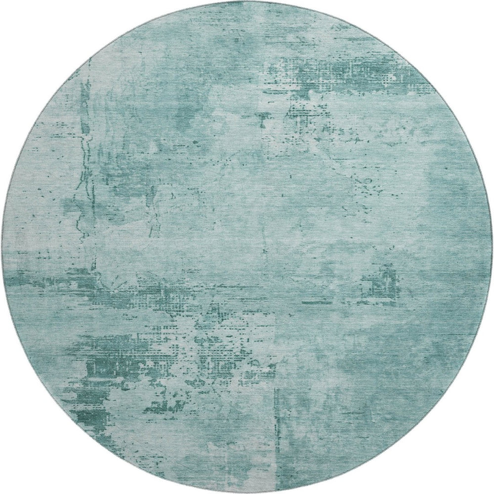 HomeRoots 8' Vibrant Teal and Aqua Abstract Washable Round Rug – Durable Design with UV Protection & Style! 683234