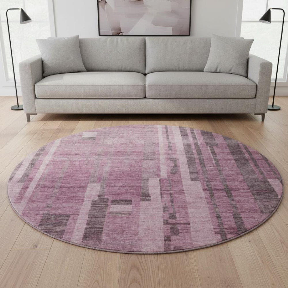 HomeRoots 8' Washable Round Rug in Blush & Mauve Stripes – UV Protected, Stain Resistant for Families & Pets 683240