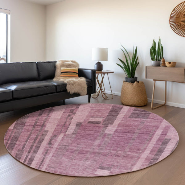 HomeRoots 8' Washable Round Rug in Blush & Mauve Stripes – UV Protected, Stain Resistant for Families & Pets 683240