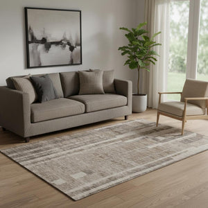 HomeRoots 5' X 8' Brown And Taupe Striped Area Rug - Washable, UV-Protected, Durable & Stain-Resistant Design 683245