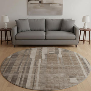 HomeRoots 8' Washable Round Rug in Brown and Taupe Stripes – UV Protected, Stain-Resistant, Durable Design! 683246