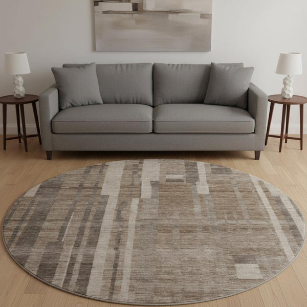 HomeRoots 8' Washable Round Rug in Brown and Taupe Stripes – UV Protected, Stain-Resistant, Durable Design! 683246