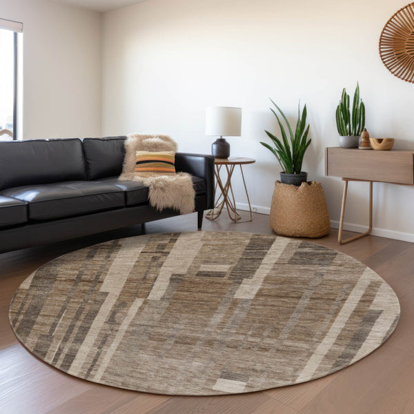 HomeRoots 8' Washable Round Rug in Brown and Taupe Stripes – UV Protected, Stain-Resistant, Durable Design! 683246