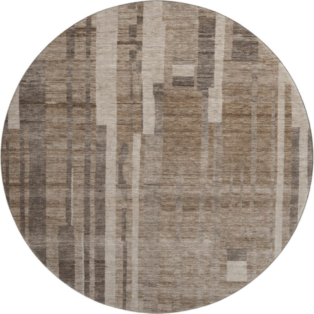 HomeRoots 8' Washable Round Rug in Brown and Taupe Stripes – UV Protected, Stain-Resistant, Durable Design! 683246