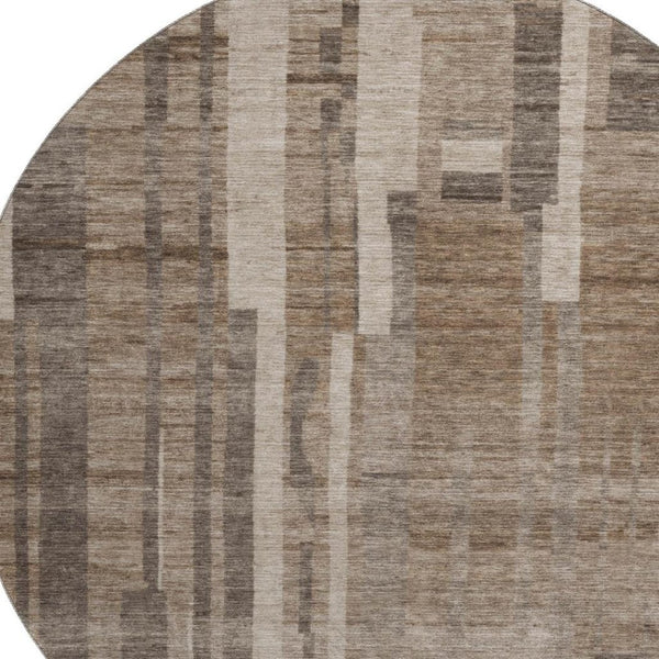 HomeRoots 8' Washable Round Rug in Brown and Taupe Stripes – UV Protected, Stain-Resistant, Durable Design! 683246