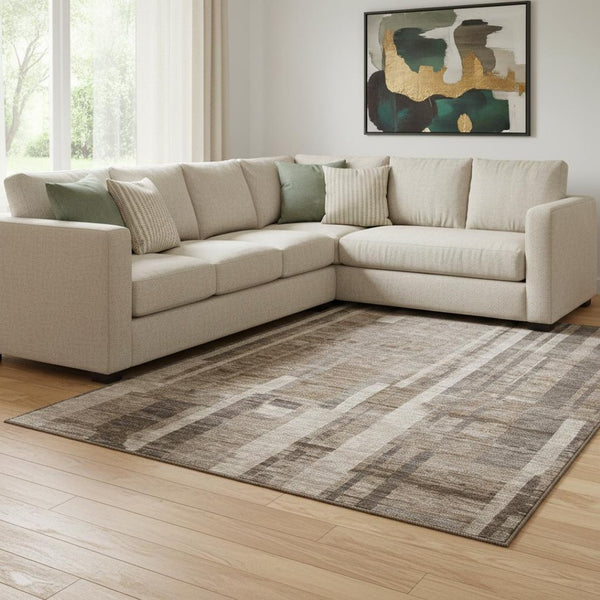 HomeRoots 10' X 14' Brown and Taupe Striped Washable Area Rug with UV Protection for Family-Friendly Spaces 683249