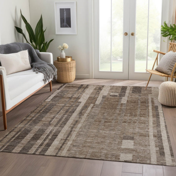 HomeRoots 10' X 14' Brown and Taupe Striped Washable Area Rug with UV Protection for Family-Friendly Spaces 683249