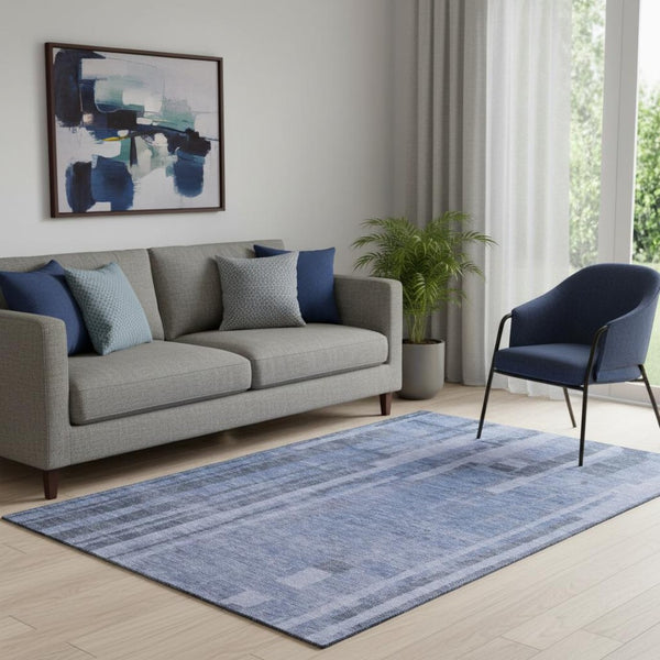 HomeRoots 5' X 8' Washable Denim Blue & Gray Striped Area Rug – Durable, Stain-Resistant, UV Protected Design 683251