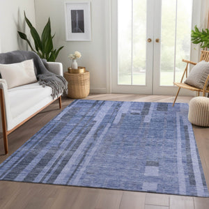 HomeRoots 5' X 8' Washable Denim Blue & Gray Striped Area Rug – Durable, Stain-Resistant, UV Protected Design 683251