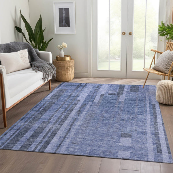 HomeRoots 5' X 8' Washable Denim Blue & Gray Striped Area Rug – Durable, Stain-Resistant, UV Protected Design 683251