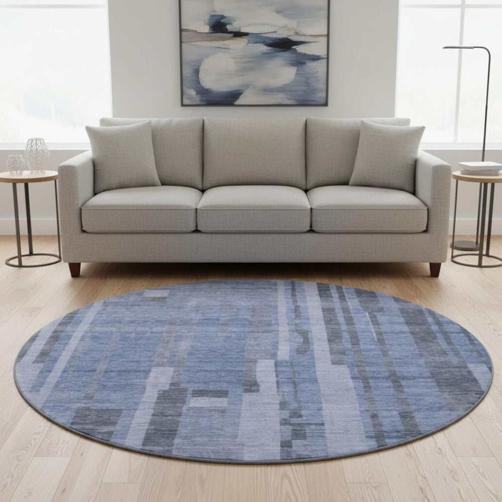 HomeRoots 8' Stylish Denim Blue & Gray Striped Washable Round Rug with UV Protection for Families & Pets 683252