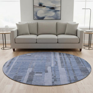 HomeRoots 8' Stylish Denim Blue & Gray Striped Washable Round Rug with UV Protection for Families & Pets 683252