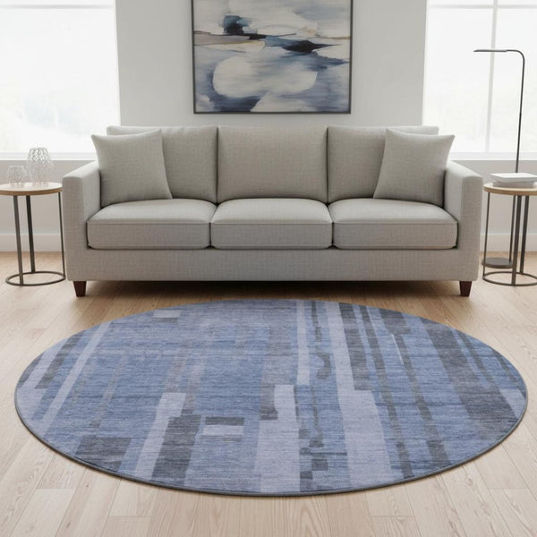 HomeRoots 8' Stylish Denim Blue & Gray Striped Washable Round Rug with UV Protection for Families & Pets 683252