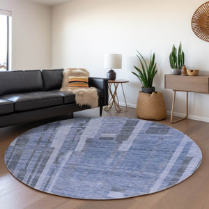 HomeRoots 8' Stylish Denim Blue & Gray Striped Washable Round Rug with UV Protection for Families & Pets 683252