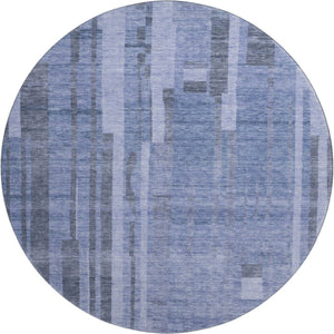 HomeRoots 8' Stylish Denim Blue & Gray Striped Washable Round Rug with UV Protection for Families & Pets 683252