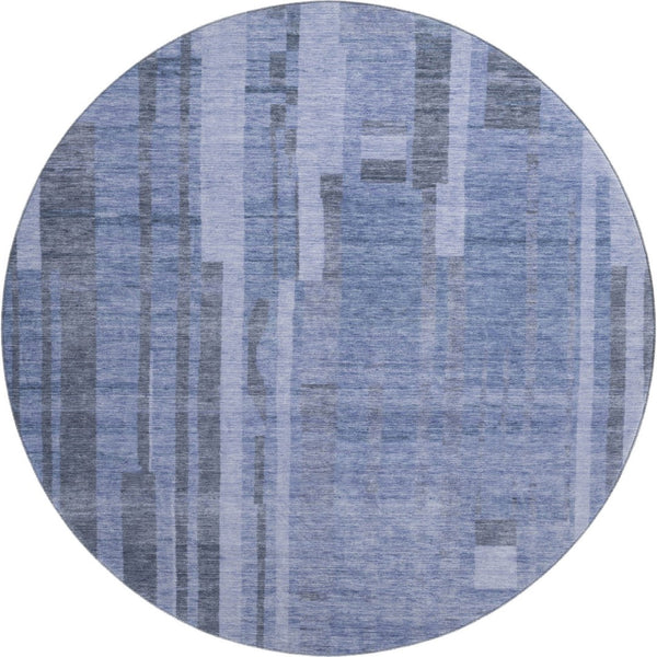 HomeRoots 8' Stylish Denim Blue & Gray Striped Washable Round Rug with UV Protection for Families & Pets 683252