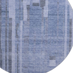 HomeRoots 8' Stylish Denim Blue & Gray Striped Washable Round Rug with UV Protection for Families & Pets 683252