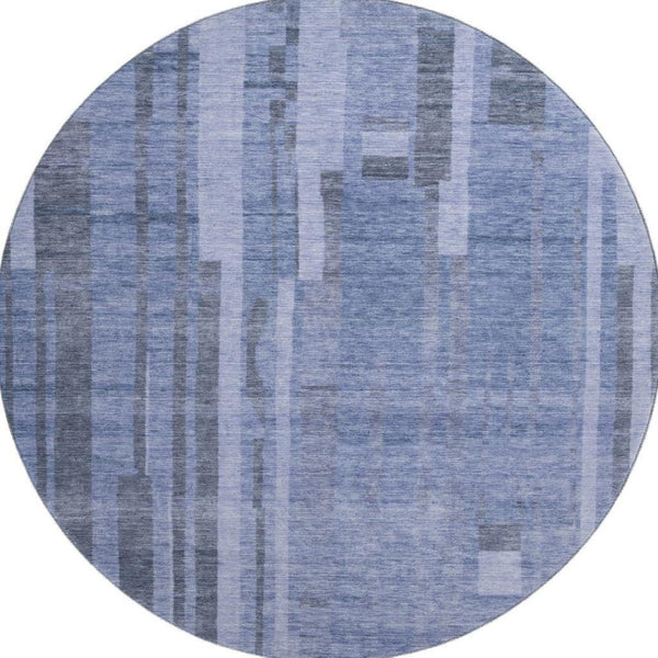 HomeRoots 8' Stylish Denim Blue & Gray Striped Washable Round Rug with UV Protection for Families & Pets 683252
