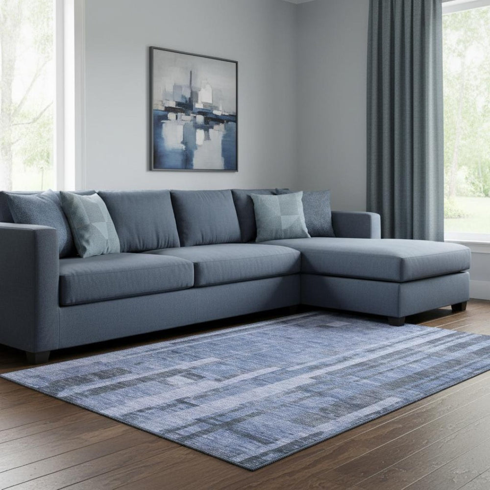 HomeRoots 8' X 10' Denim Blue & Gray Striped Washable Area Rug - Durable, UV Protected, Pet-Friendly Style! 683253